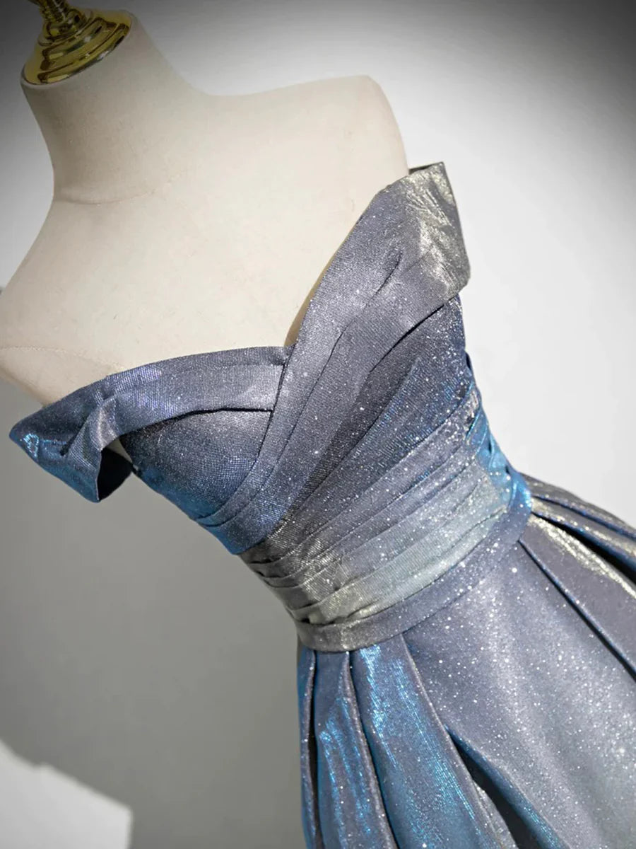 Glamorous Off-the-Shoulder A-Line Shimmering Iridescent Satin Formal Gown Ruched Prom Dress TP115