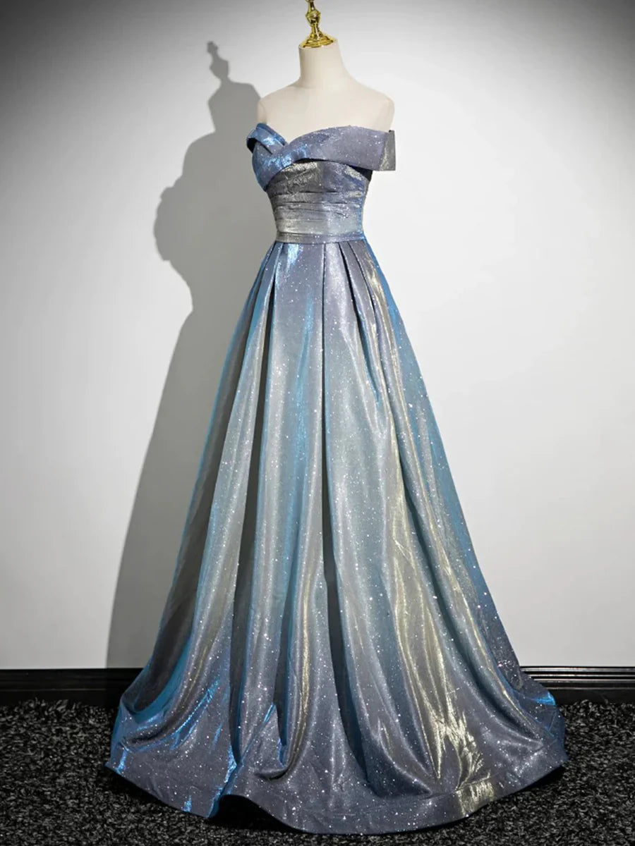 Glamorous Off-the-Shoulder A-Line Shimmering Iridescent Satin Formal Gown Ruched Prom Dress TP115