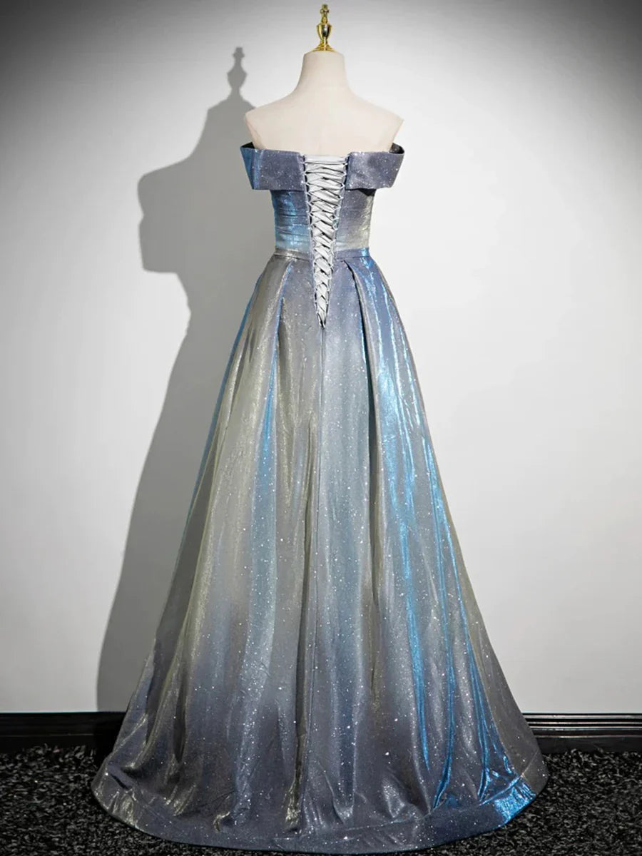 Glamorous Off-the-Shoulder A-Line Shimmering Iridescent Satin Formal Gown Ruched Prom Dress TP115