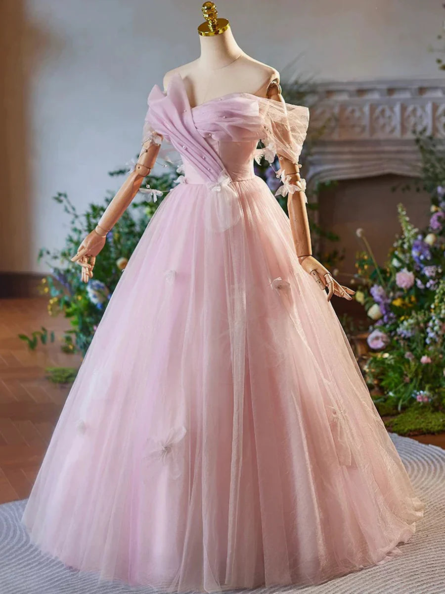 Pink Tulle Floor Length Prom Dress, Beautiful A-Line Off the Shoulder Evening Party Dress TP118