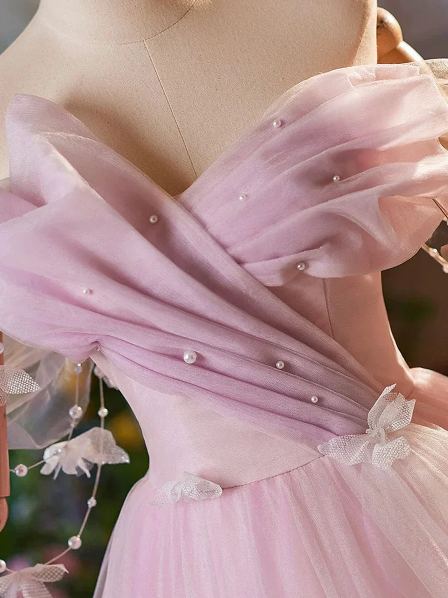 Pink Tulle Floor Length Prom Dress, Beautiful A-Line Off the Shoulder Evening Party Dress TP118