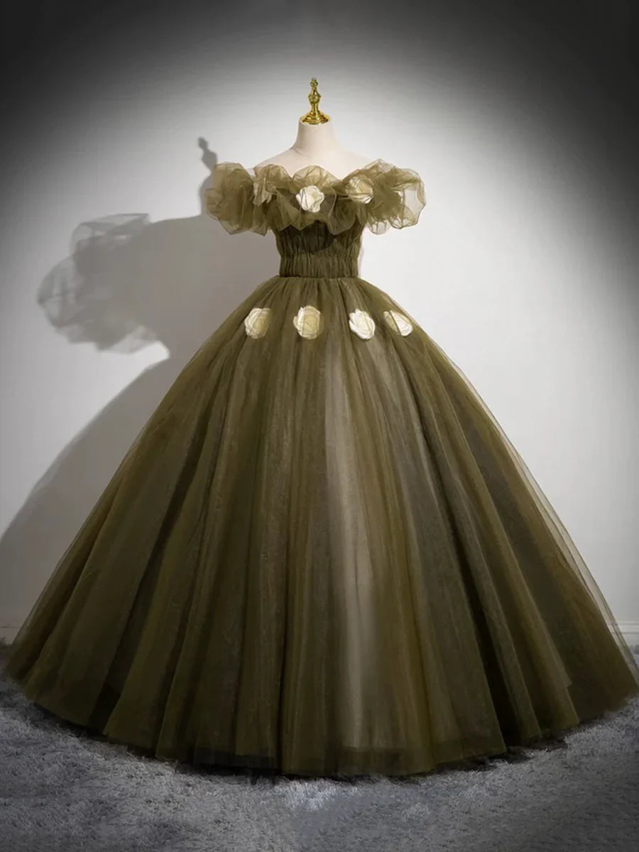 Elegant Off the Shoulder Floor Length Prom Dress, Green A-Line Tulle Formal Party Dress TP119