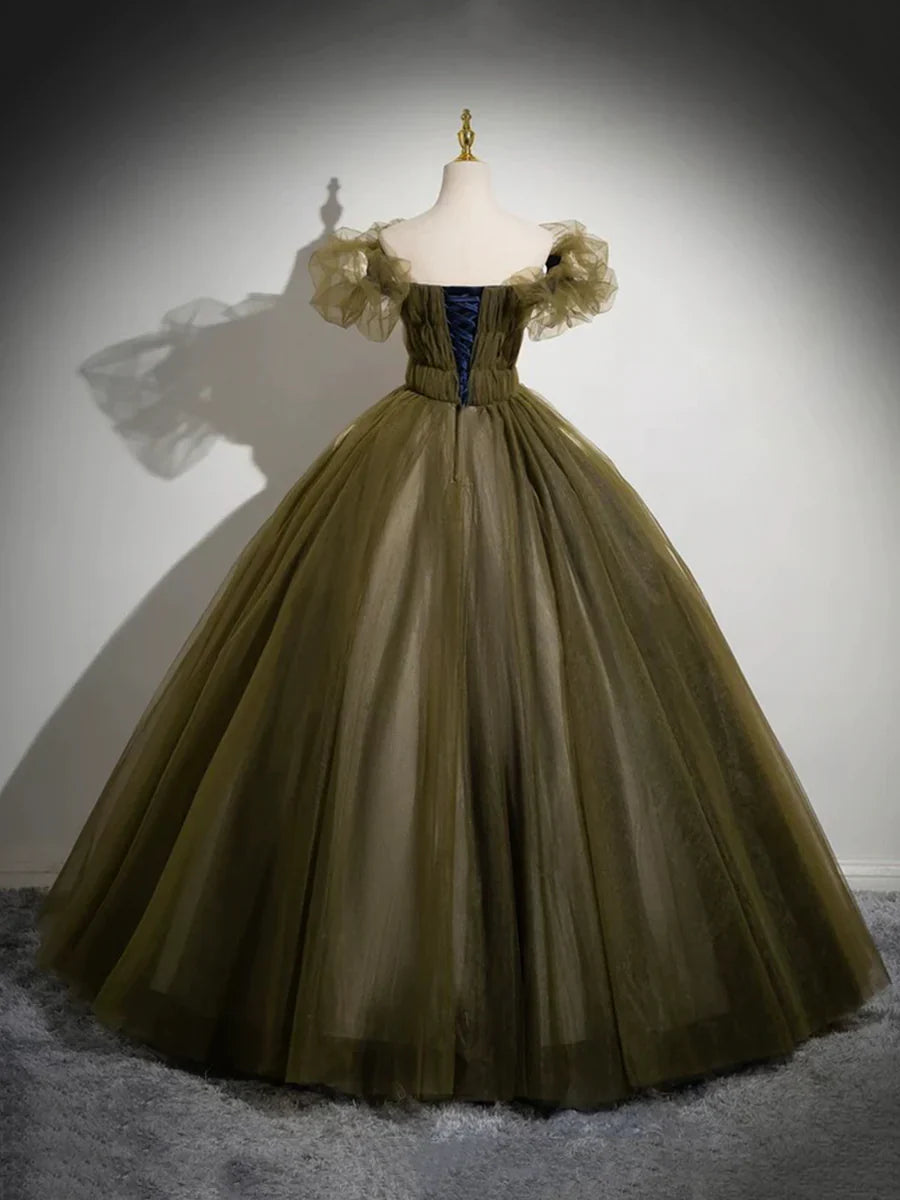 Elegant Off the Shoulder Floor Length Prom Dress, Green A-Line Tulle Formal Party Dress TP119