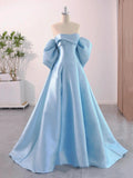 Blue Satin Floor Length Prom Dress with Bow, Beautiful A-Line Party Dress TP121