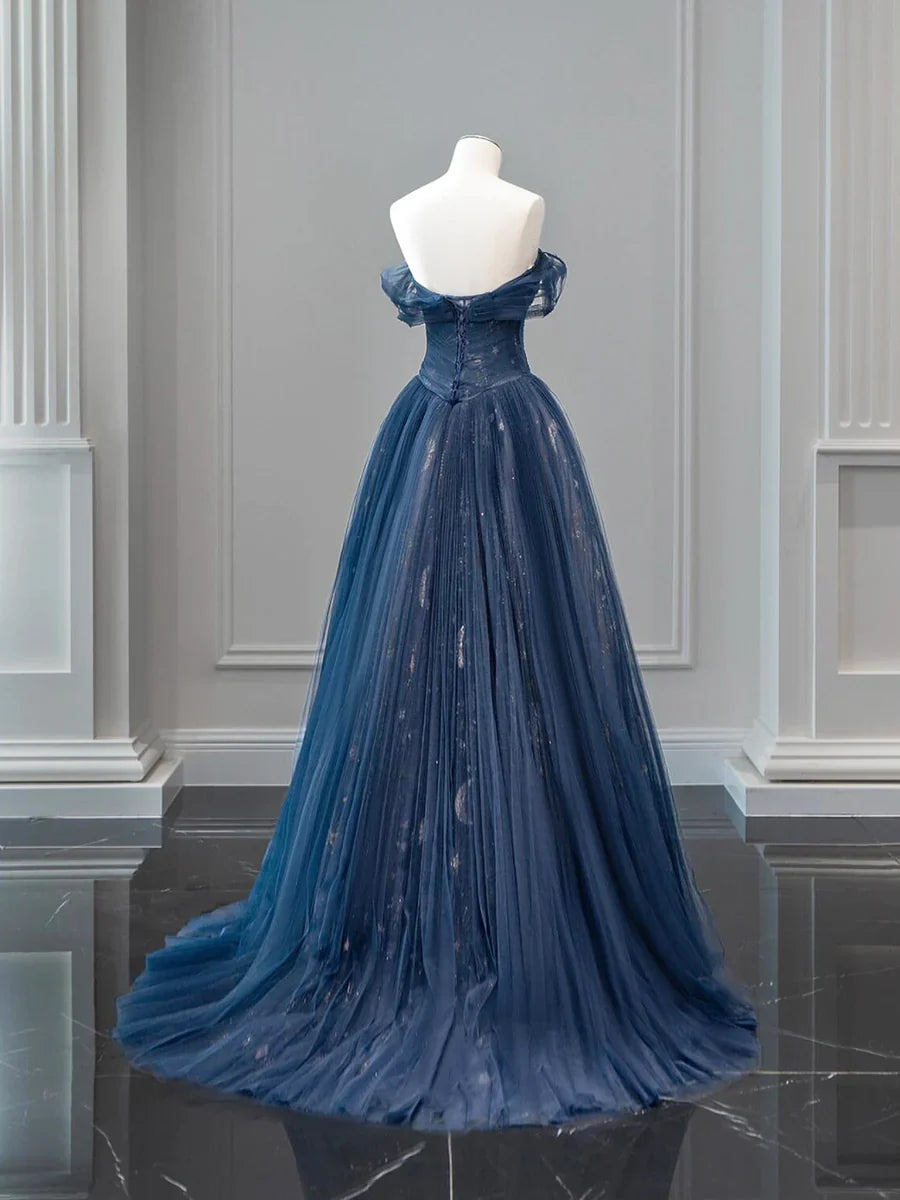 Previous Next   Nave Tulle Floor Length Prom Dress, Beautiful Off the Shoulder Backless Evening Dress TP125