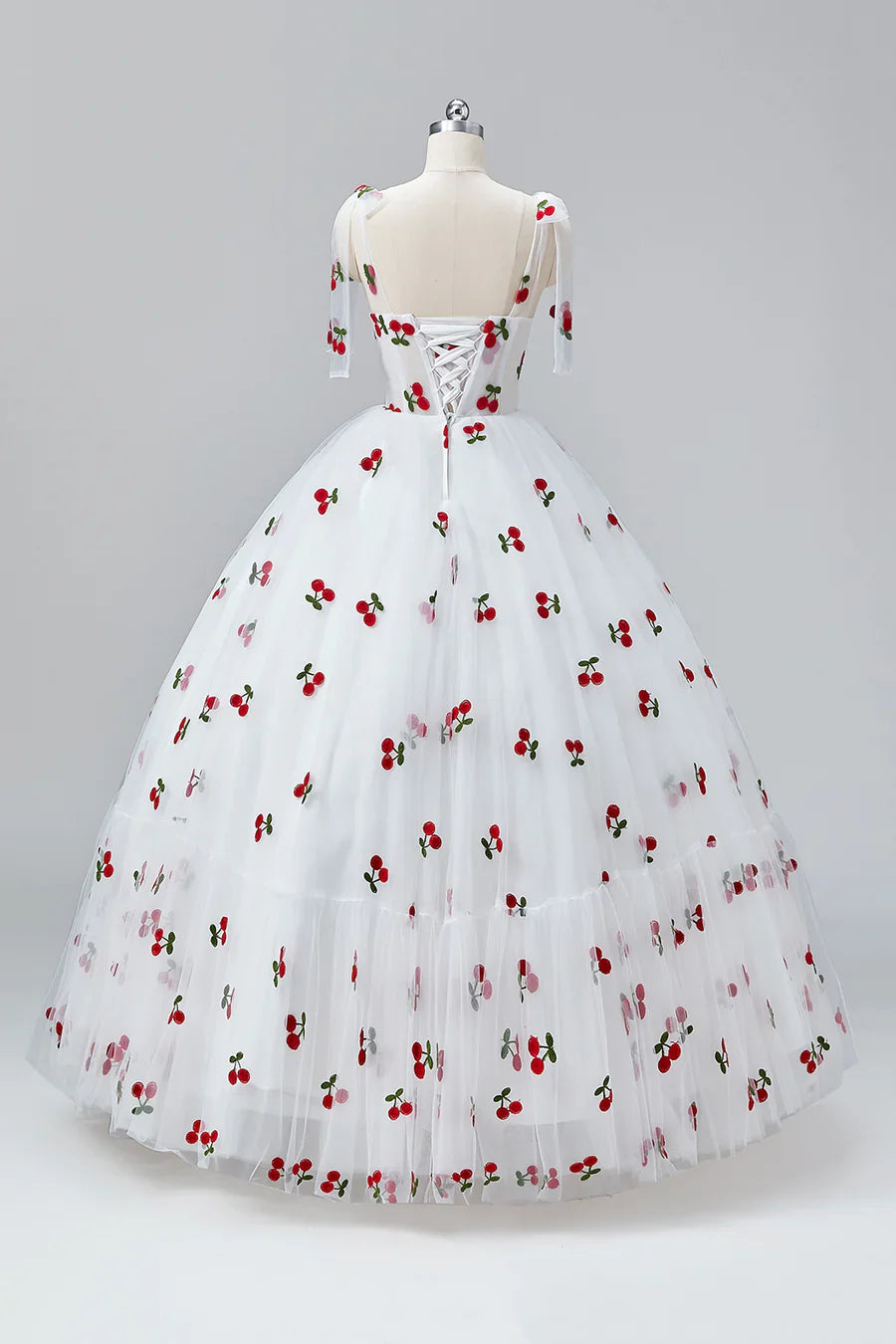 White Cherry Floor Length Prom Dresses, A-Line Ruffle Tulle Spaghetti Straps Princess Evening Dresses TP129