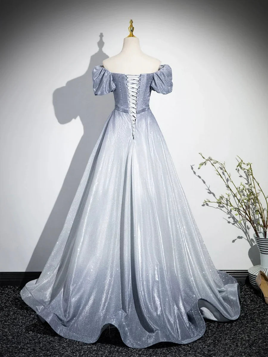 Beautiful Gradient-Color Glitter Sequins Prom Dresses, A-Line Princess Off-The-Shoulder Sleeveless Gray Blue Formal Dresses TP131