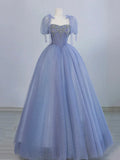 Blue Tulle Beaded Floor Length Prom Dress, A-Line Short Sleeve Evening Party Dress TP144