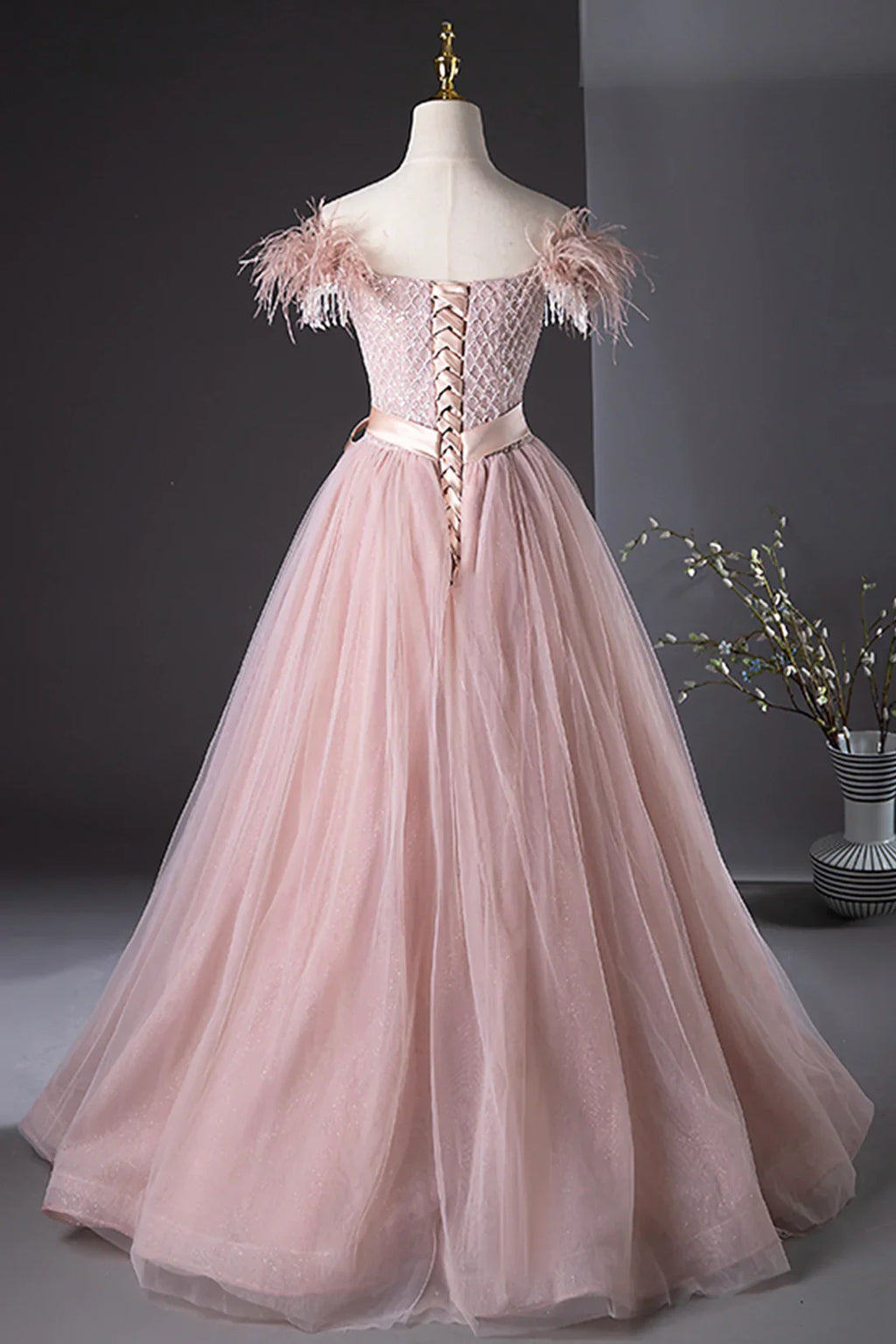 Pink Tulle Beaded Long Prom Dress, Lovely Pink Off the Shoulder Evening Party Dress TP154