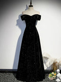 Black Velvet Long Prom Dress, Black Off the Shoulder Evening Party Dress TP157