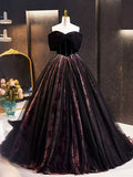 Black Velvet Tulle Long Prom Dress with Rose Print Pattern, Elegant Off the Shoulder Party Dress TP158
