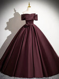 Dark Burgundy Satin Long Prom Dress, Elegant A-Line Off the Shoulder Evening Party Dress TP161