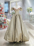 Gold Satin V-Neck Long Prom Dress with Flowers, Off the Shoulder A-Line Formal Dress TP163