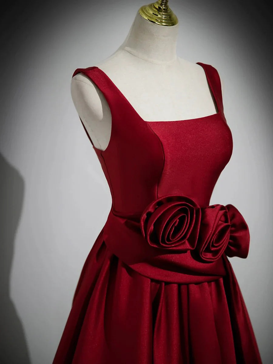 Burgundy Satin Long Prom Dress with Flowers, Elegant A-Line Party Dress TP164