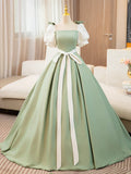 White and Green Satin Long Prom Dress, A-Line Short Sleeve Evening Party Dress TP167