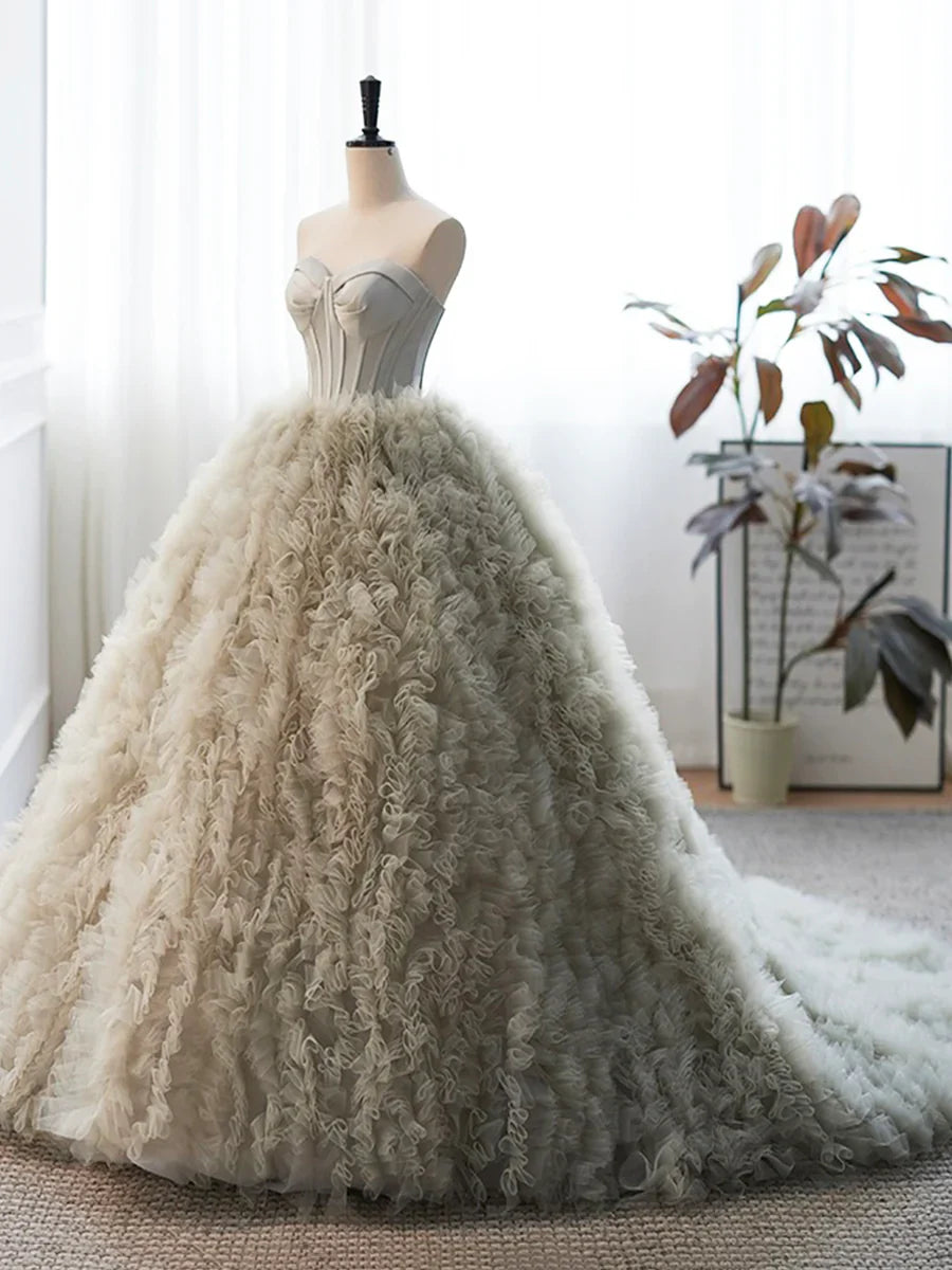 Gray Strapless Tulle Long Prom Dress, Beautiful A-Line Sweetheart Neck Formal Evening Dress TP170