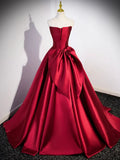 Burgundy Satin Strapless Long Prom Dress, Beautiful A-Line Evening Party Dress TP172