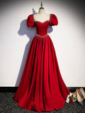 Elegant Burgundy Floor Length Prom Dress, A-Line Beading Puffy Short Sleeve Backless Evening Dress TP173