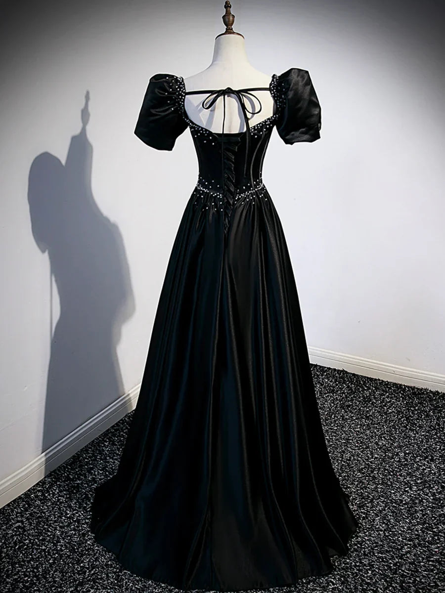 Black Satin Beaded Floor Length Prom Dress, Black A-Line Short Sleeve Evening Dress TP177