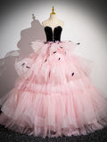 Pink Tulle and Black Velvet Strapless Party Gown, Pink Backless Ruffles Formal Evening Dress TP185