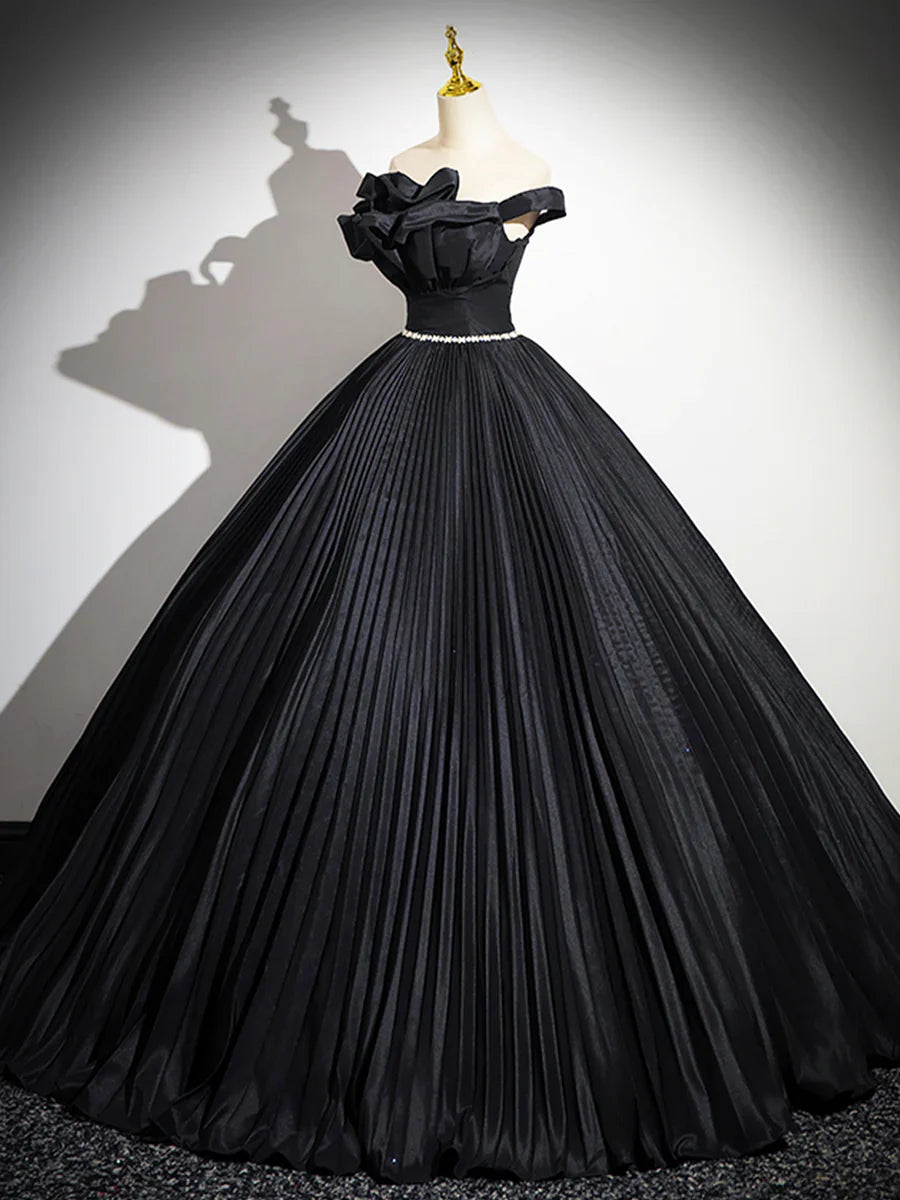Black Pleated Long A-line Party Gown with Rhinestone Sash, Elegant Off the Shoulder Formal Evening Dress TP188