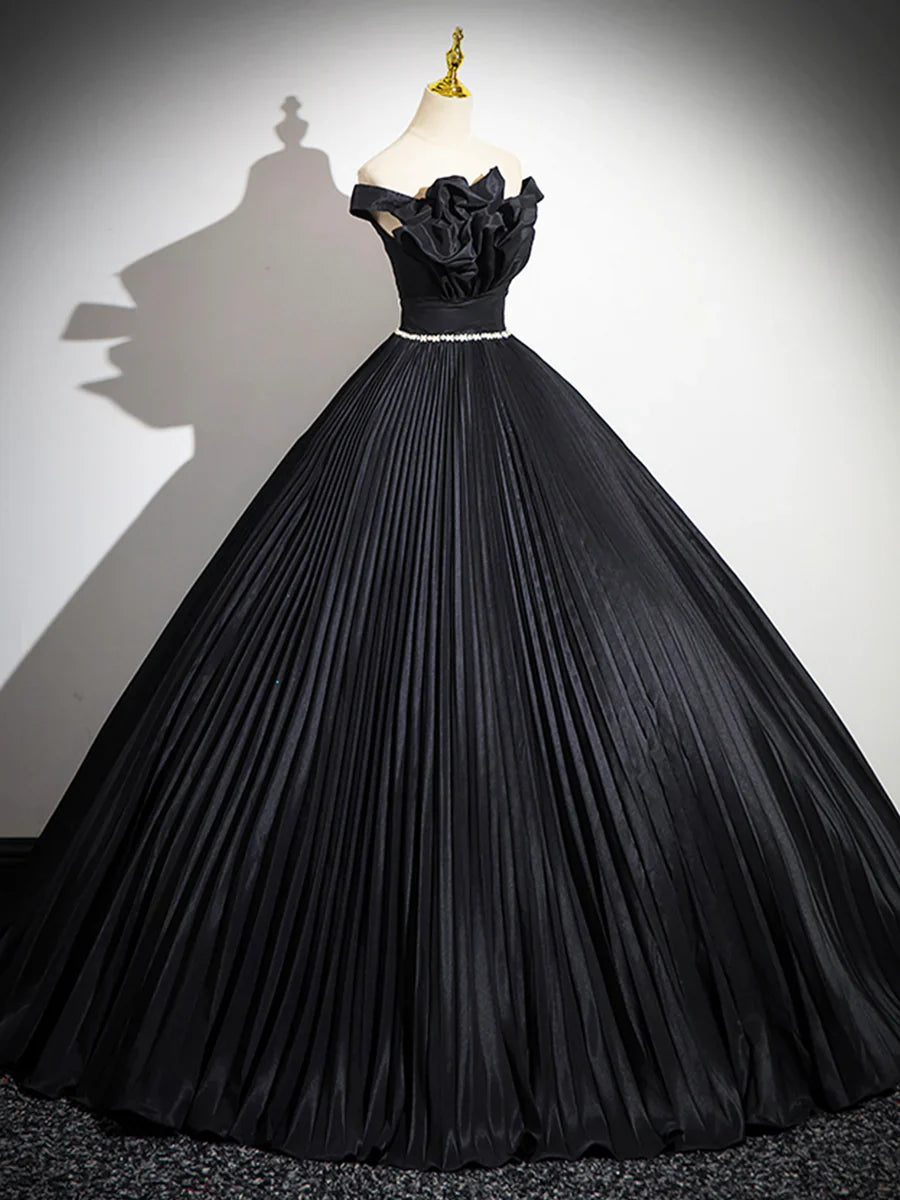 Black Pleated Long A-line Party Gown with Rhinestone Sash, Elegant Off the Shoulder Formal Evening Dress TP188