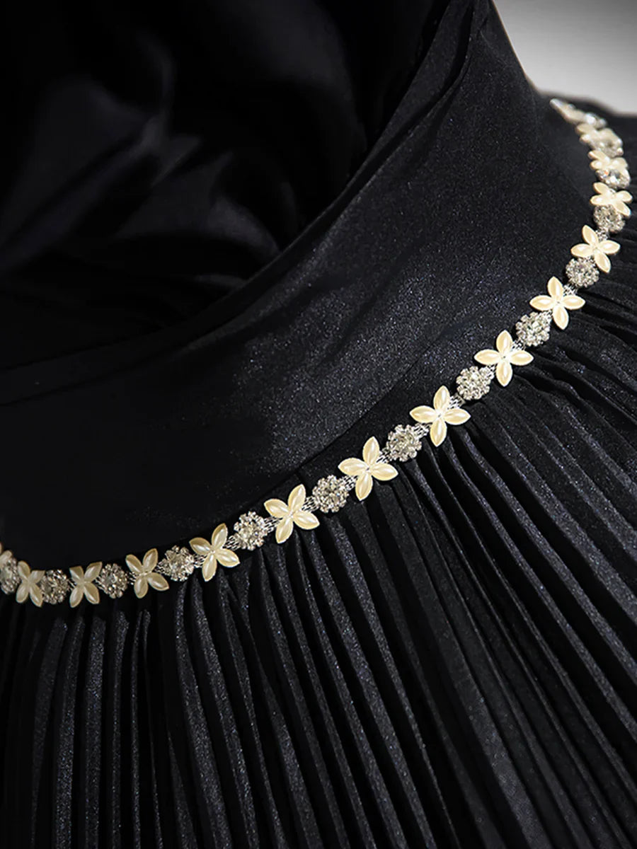 Black Pleated Long A-line Party Gown with Rhinestone Sash, Elegant Off the Shoulder Formal Evening Dress TP188