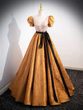 Unique V-Neck Beaded Floor Length Prom Dress, Beautiful A-Line Short Sleeve Party Dress TP190