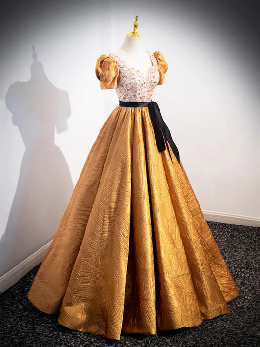 Unique V-Neck Beaded Floor Length Prom Dress, Beautiful A-Line Short Sleeve Party Dress TP190