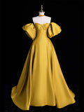 Yellow Satin Long Prom Dress, Off the Shoulder A-Line Evening Party Dress TP193
