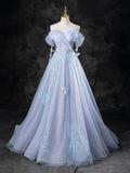 Blue Pearl Tulle Floor Length Prom Dress, A-Line Off the Shoulder Formal Party Dress TP95
