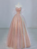 Pink Tulle and Sparkling Sequins Floor Length Prom Dress, Beautiful A-Line Evening Party Dress TP202