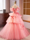 Pink Spaghetti Strap Tulle Long Prom Dress, Beautiful A-Line Sweet 16 Dress TP210