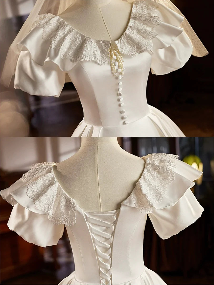 Retro Satin Tea Length Prom Dress with Lace, White A-Line Evening Party Dress TP212