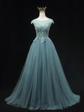 Blue Scoop Neckline Tulle Lace Long Prom Dress, Beautiful Lace Formal Evening Dress TP221
