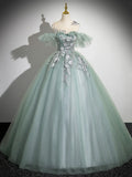 Cute Tulle Lace Long Prom Dress, A-Line Scoop Neckline Off Shoulder Evening Party Dress TP223