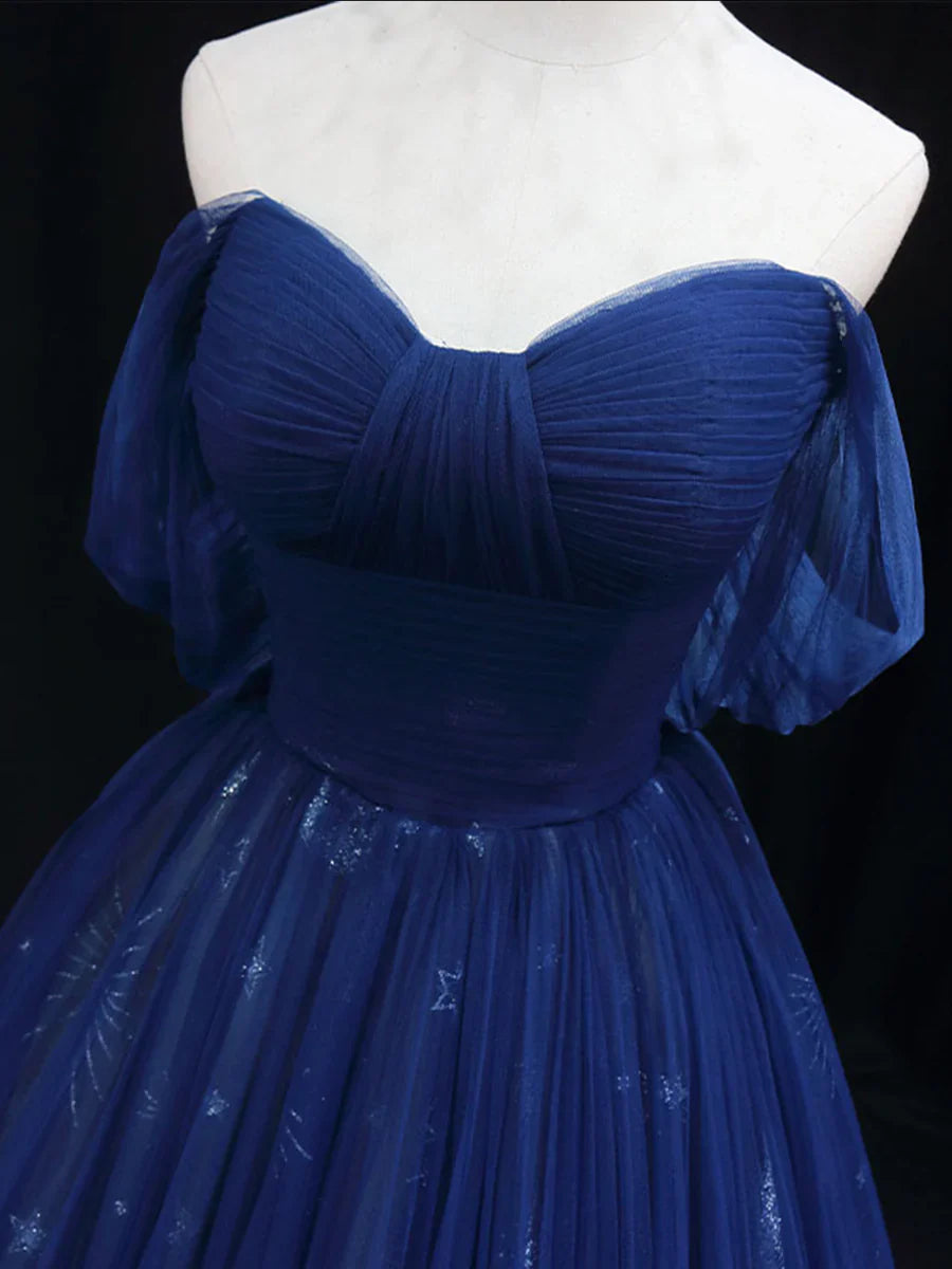 Beautiful Blue Tulle Floor Length Prom Dress, A-Line Off the Shoulder Princess Dress Evening Dress TP228