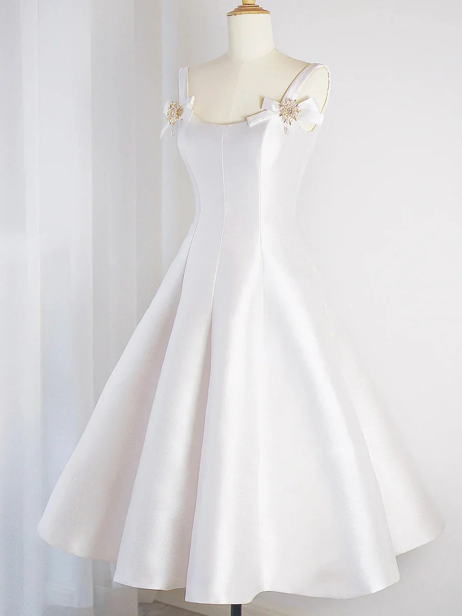 White Satin Short Prom Dress, Simple A-Line Evening Party Dress TP229