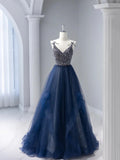 Blue Tulle Beaded Long Prom Dress, A-Line Spaghetti Strap Formal Evening Dress TP234