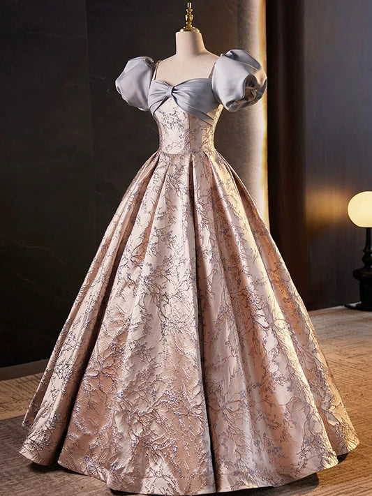 Stylish Floor-Length Printing Prom Dresses, A-Line Short Sleeve Backless Evening Formal Dresses TP236