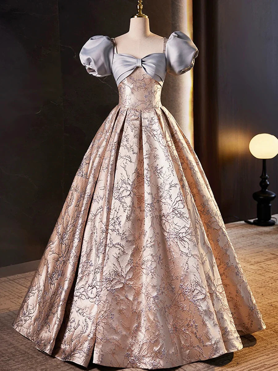 Stylish Floor-Length Printing Prom Dresses, A-Line Short Sleeve Backless Evening Formal Dresses TP236