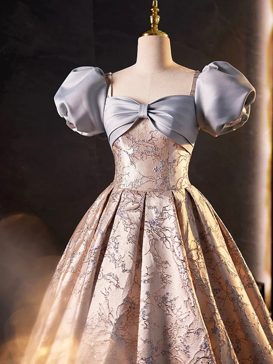 Stylish Floor-Length Printing Prom Dresses, A-Line Short Sleeve Backless Evening Formal Dresses TP236