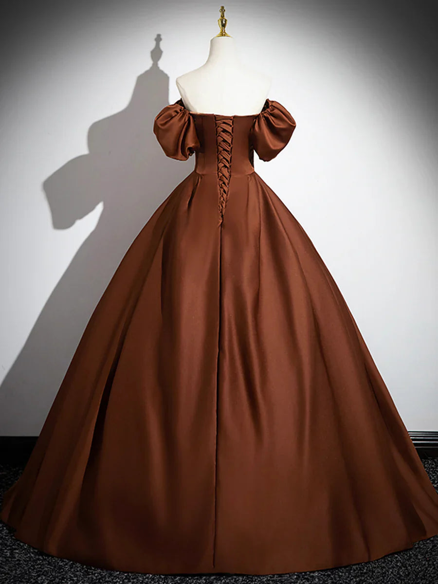 Brown Satin Floor Length Prom Dress , Off the Shoulder A-Line Evening Dress TP237