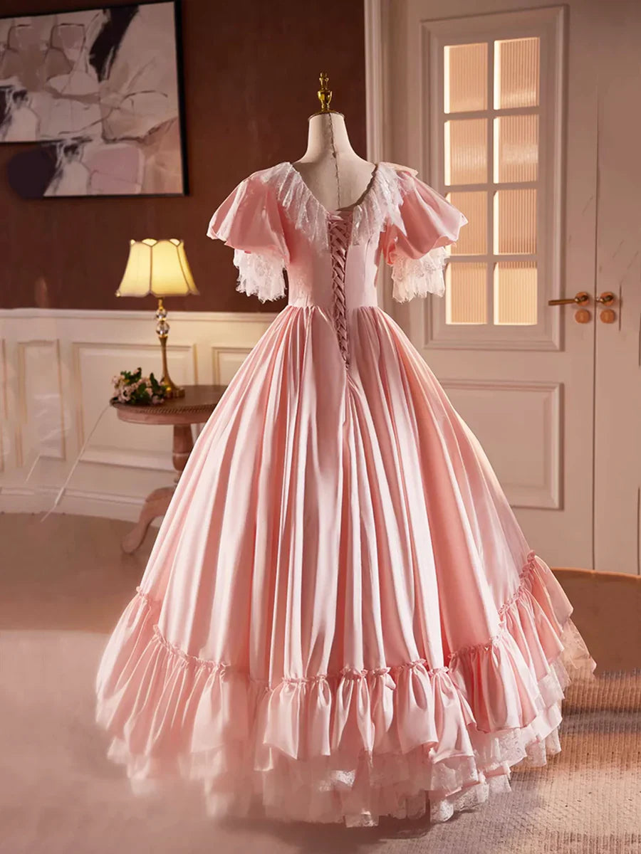 Pink Satin Lace Long Prom Dress, Beautiful A-Line V-Neck Evening Dress TP239