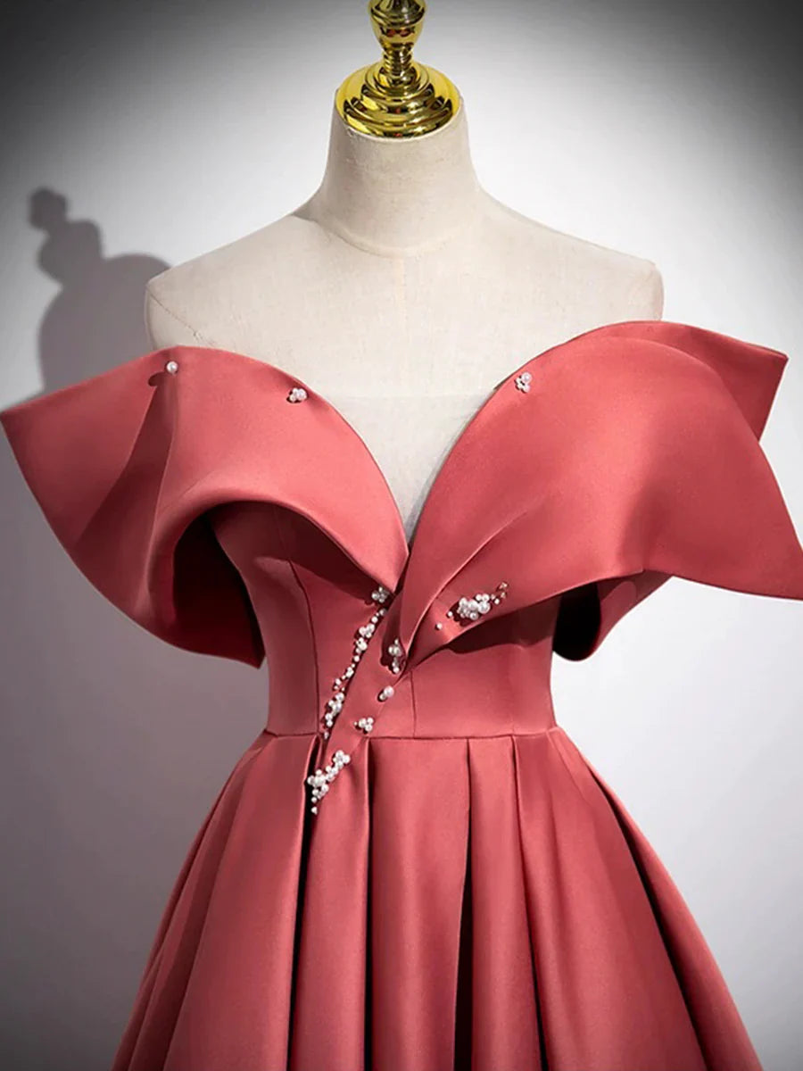 Beautiful Satin Off Shoulder Long Party Dress, A-Line Pearl Floor Length Prom Dress  TP251