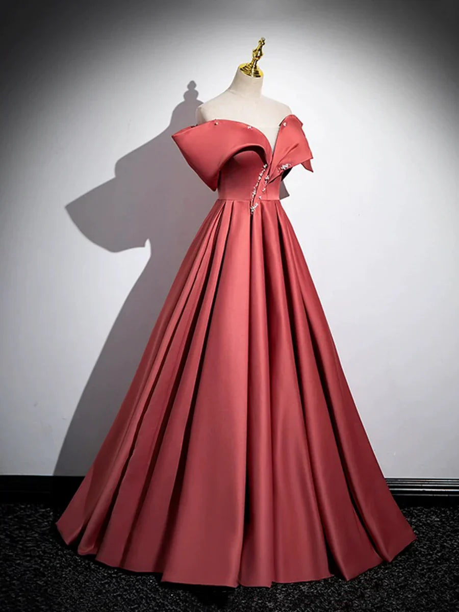 Beautiful Satin Off Shoulder Long Party Dress, A-Line Pearl Floor Length Prom Dress  TP251
