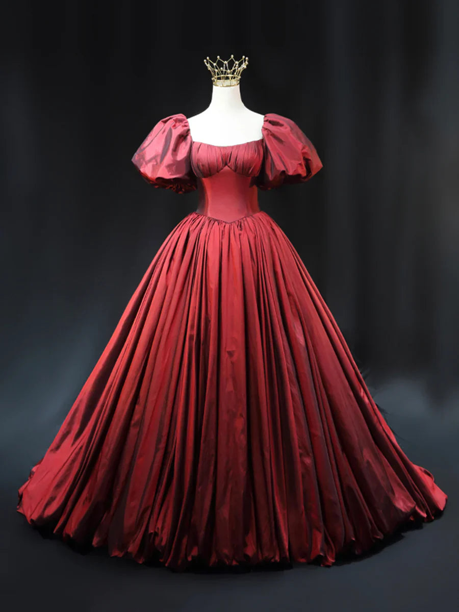 Burgundy Scoop Short Sleeves Party Dress, A-Line Long Evening Dress Prom Dress  TP252