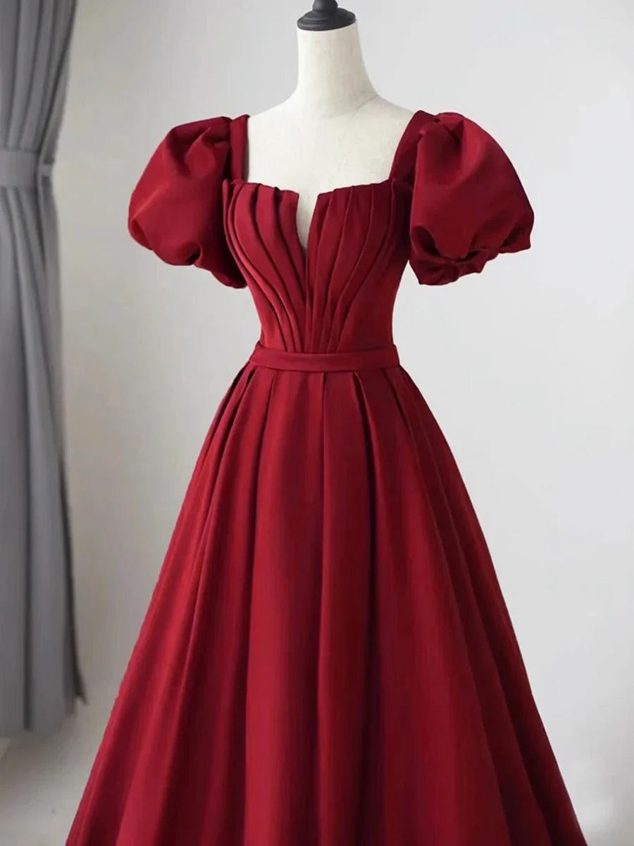 Lovely Satin Floor Length Short Sleeves Party Dress, A-Line Evening Party Dress  TP260