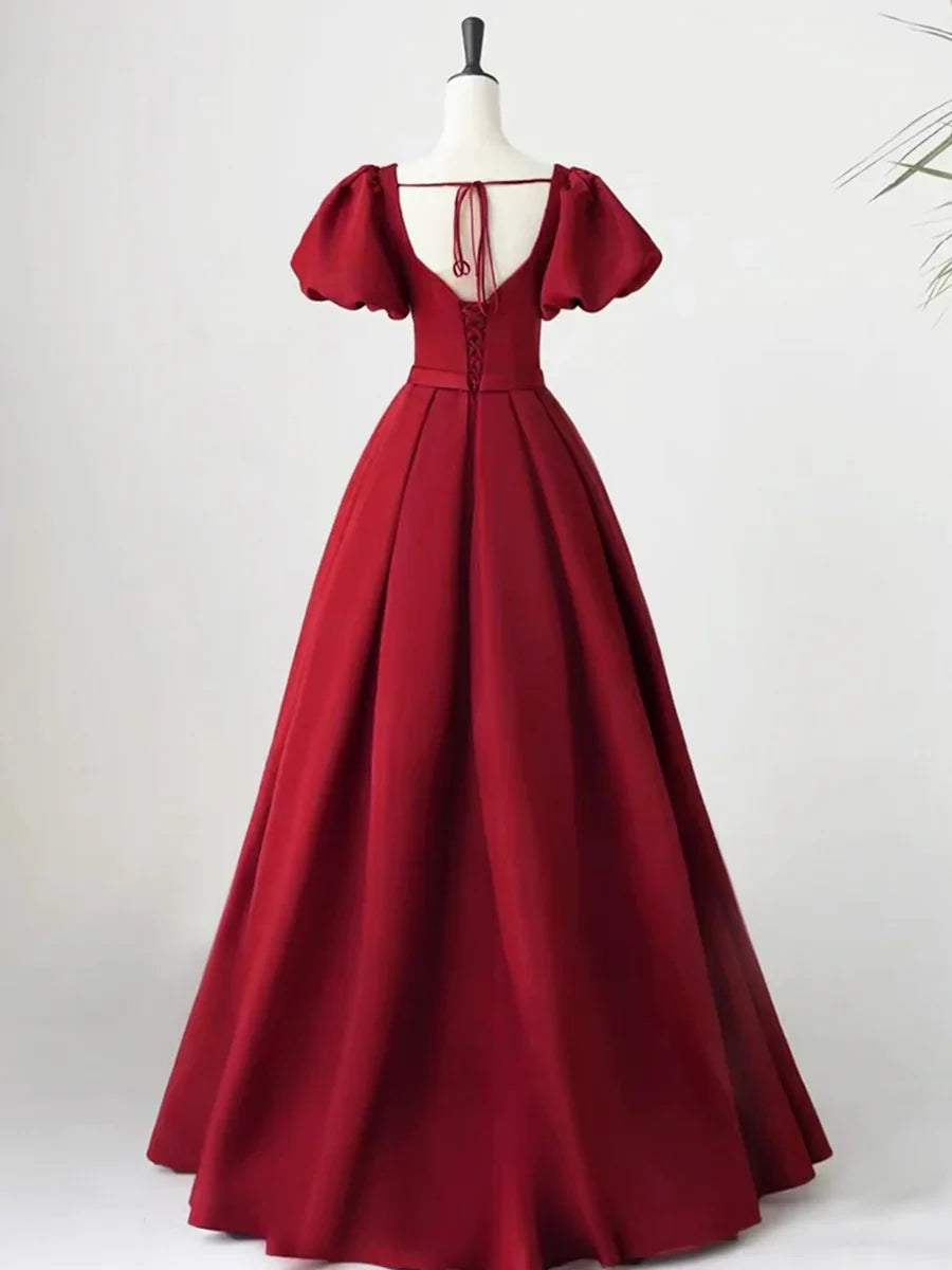 Lovely Satin Floor Length Short Sleeves Party Dress, A-Line Evening Party Dress  TP260