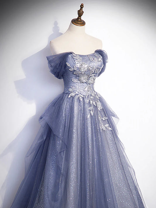 Charming Tulle Sequins A-Line Prom Dresses, Off the Shoulder Floor-Length Formal Dresses  TP265